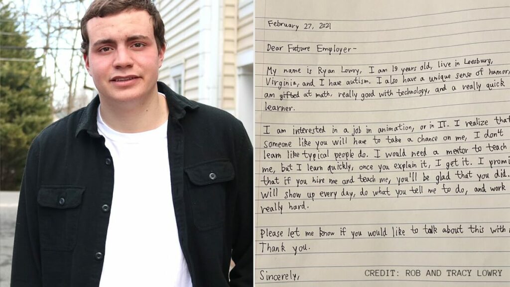 Student with Autism Pens Letter to His ‘Future Employer’: ‘You’ll Be Glad’ If You ‘Take a Chance on Me’.
Courtesy: Rob and Tracy Lowry